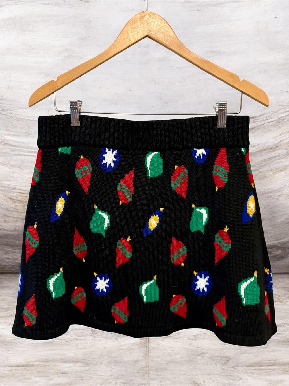 Xhilaration Christmas Ornament Knit Sweater Mini Skirt Black Festive Size Large